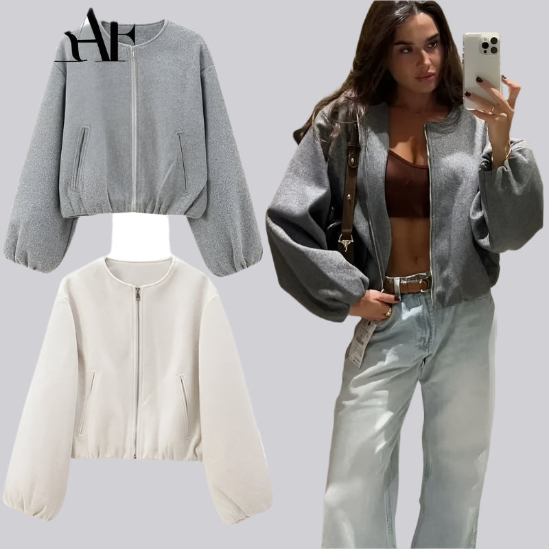 Cropped Faux Wool Bomber Jacket